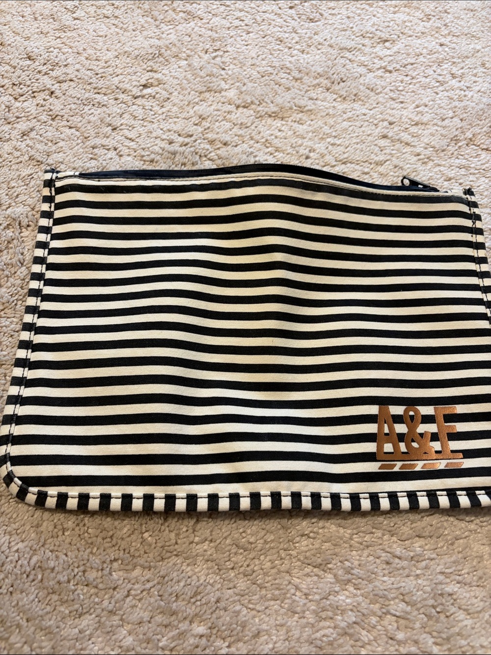 Abercrombie & Fitch Black and White Striped Toiletry Pouch with Tan Logo-swimsui